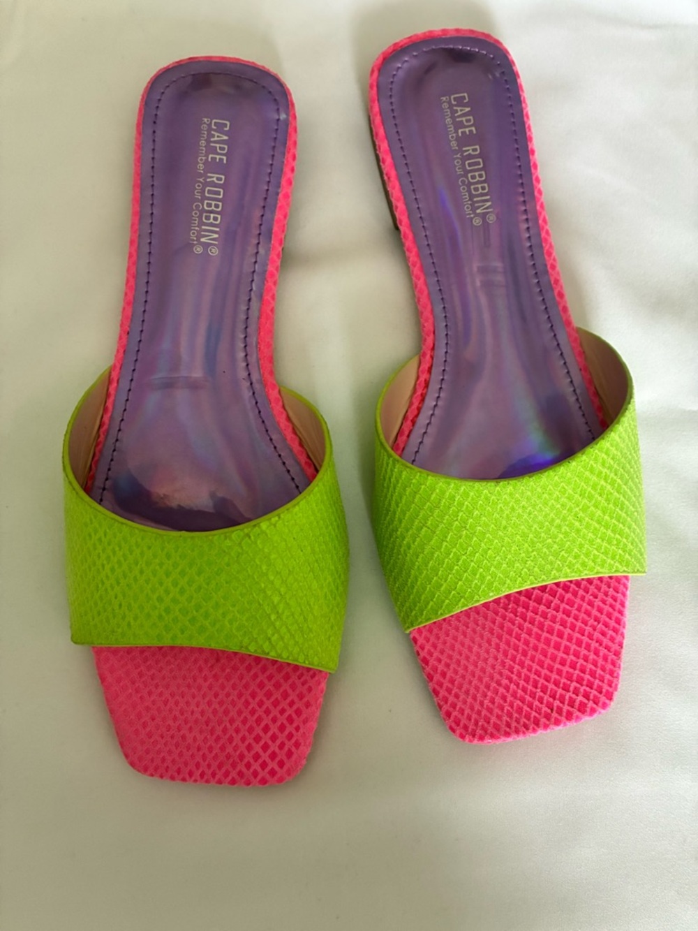 Cape Robbin Neon Pink and Lime Green Slides with flat heel.